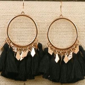 Black Tassel and Charm Earrings